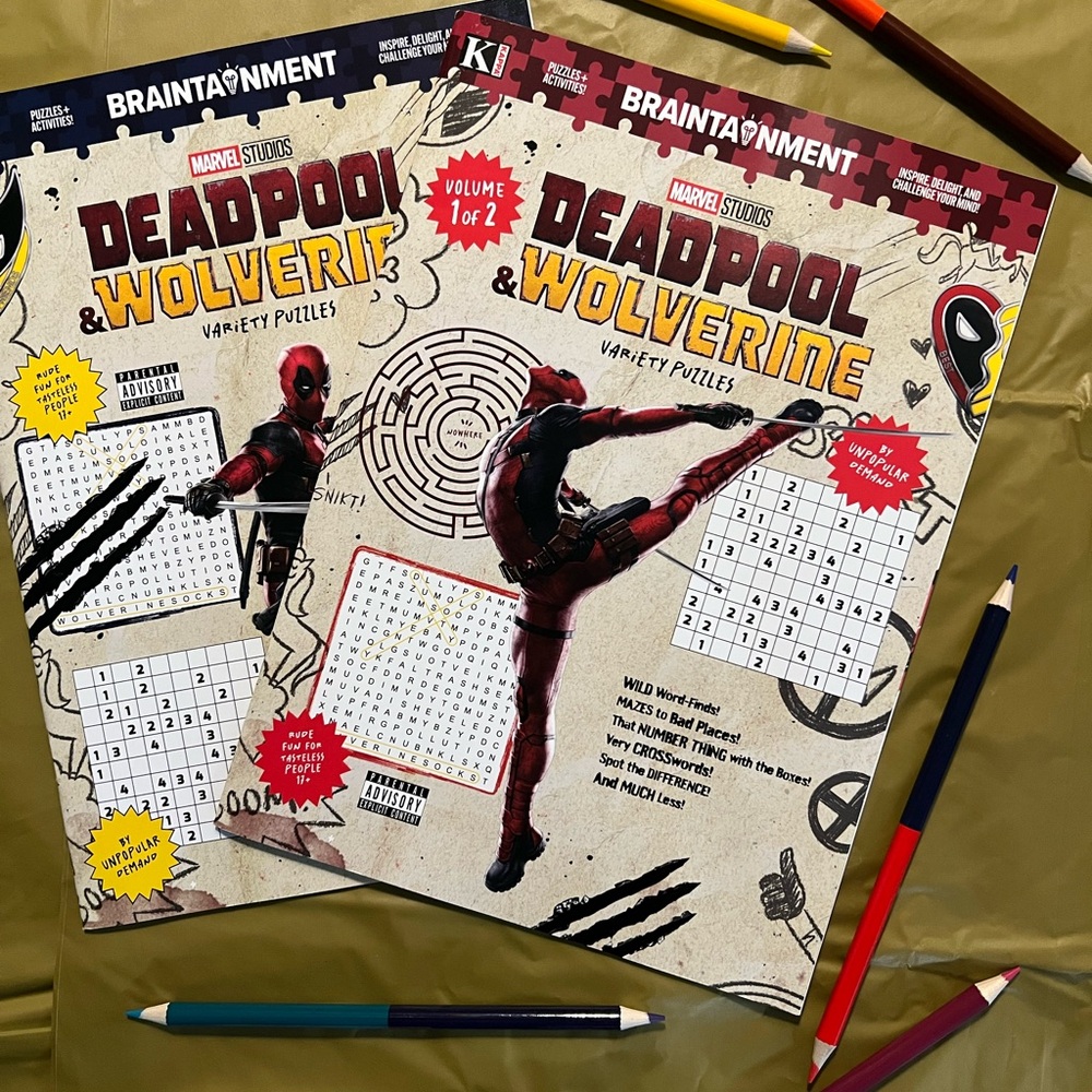 2 Marvel Deadpool & Wolverine Puzzle Books w/ 6 Double Ended Colored Pencils